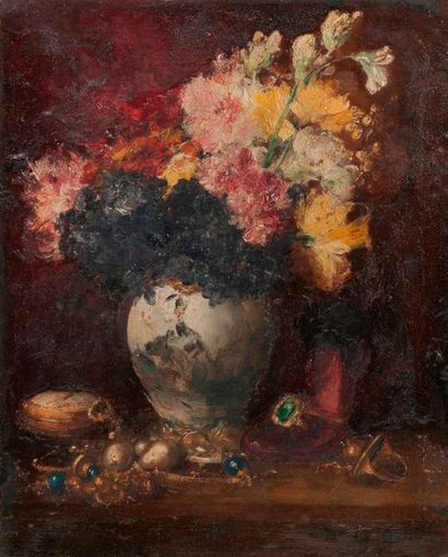 Antoine Vollon (1833-1900) 

Bouquet d'hortensias, oeillets, montre et bijoux. 

Huile...