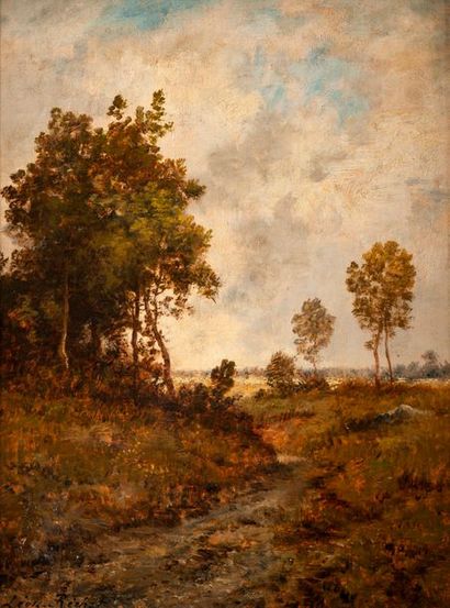 LEON RICHET (1847-1907) 

Chemin en campagne boisée. 

Huile sur panneau. 

Signée...