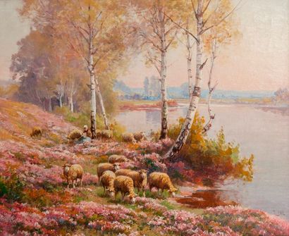 Édouard PAÏL (1851-1916) 

Troupeau de moutons en bord de rivière. 

Huile sur toile....