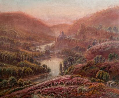 Gaston ANGLADE (1854-1919) 

Paysage de rivière et bruyères. 

Huile sur toile.

Signée.

54...