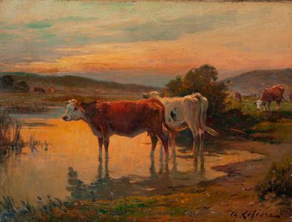 Charles LEFEVRE (1875- ?) 

Vaches près d'une mare au soleil couchant. 

Huile sur...