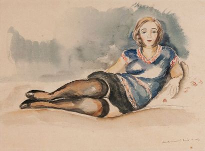 Louis BERTHOMMÉ SAINT-ANDRÉ (1905-1977) Femme allongée aux bas noirs.
Encre et aquarelle...