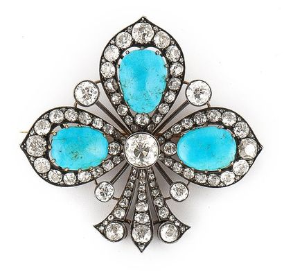 null Broche pendentif en or jaune (750) et argent (min. 800) à motif d'un trèfle,...