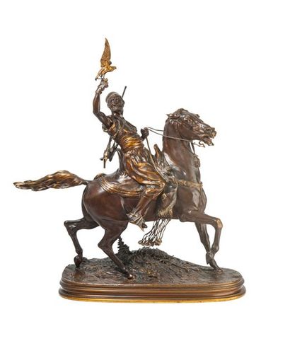 D'après Pierre-Jules MÊNE (1810-1879) Le fauconnier arabe à cheval.
Epreuve en bronze...
