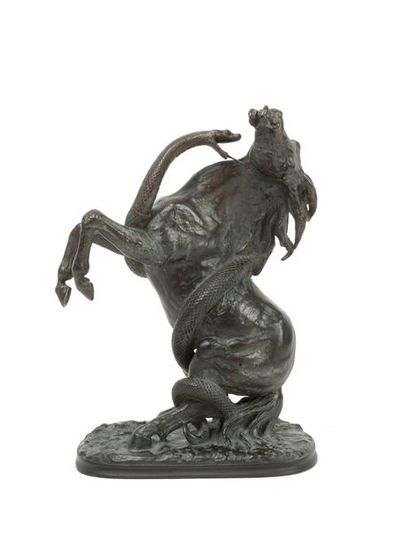 D'après Christophe FRATIN (1801-1864) Cheval attaqué par un serpent.
Épreuve en bronze...