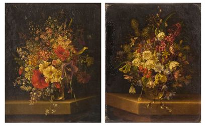 Adelheid DIETRICH (1827-1891) Vases de fleurs sur un entablement.
Paire d'huiles...