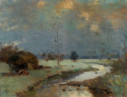 Albert LEBOURG (1848-1928) Gelée blanche à Hondouville, par une matinée d'hiver.
Huile...