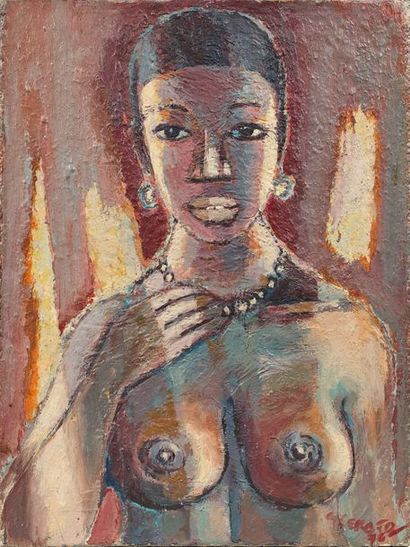 Gérard SEKOTO (1913-1993) Portrait de femme en buste, 1976.
Huile sur toile.
Signée...