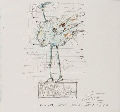 César (1921-1998) Poule, 1984.
Encre, crayons de couleurs et rehauts blanc sur papier.
Signé...