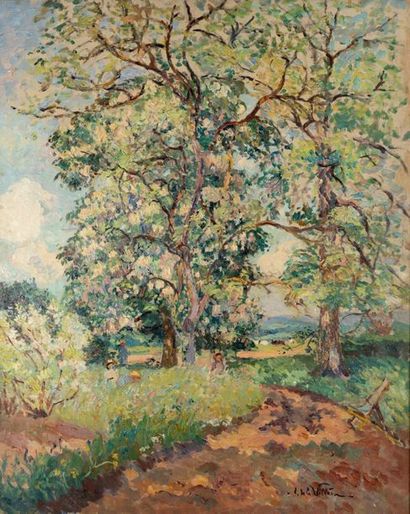 Emmanuel de la VILLÉON (1858-1944) Maronnier en fleur .
Huile sur toile.
Signée en...