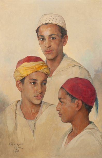 Emile DECKERS (1885-1968) Trois jeunes algériens, 1962.
Huile sur toile.
Signée,...