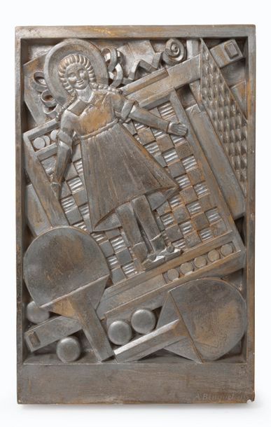 Albert BINQUET (1879-Après 1959) Bas-relief rectangulaire à la poupée et aux jeux,...