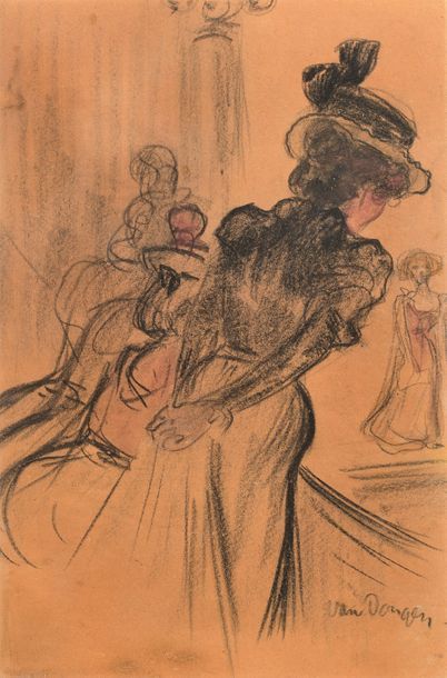 Kees VAN DONGEN (1877-1968) Jeune femme dans sa loge.
Crayon et aquarelle sur papier...