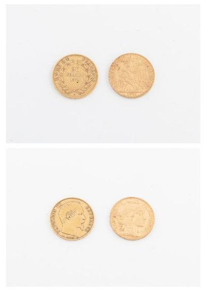 null Lot de 2 pièces : 

- Une pièce de 20 francs or, Napoléon III tête nue, 1854...