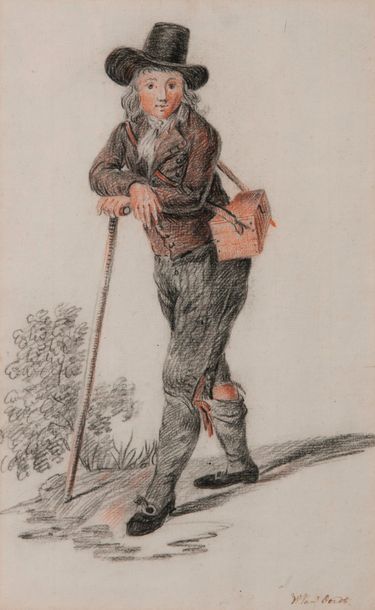 Ecole du XIXème siècle 

Jeune homme à la canne. 

Dessin au crayon de couleurs....