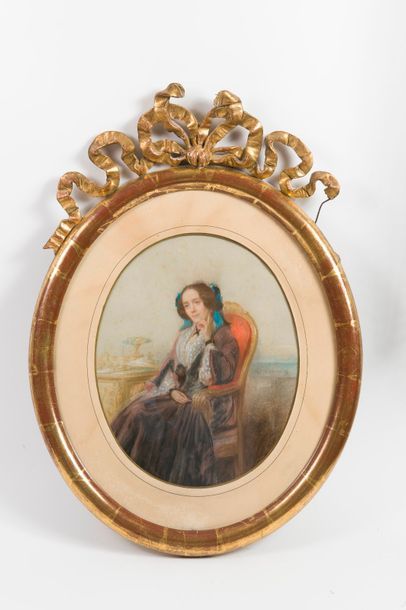 ECOLE FRANCAISE DU MILIEU DU XIXème SIECLE 

Portrait d'une femme assise. 

Pastel...