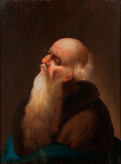 Ecole de XIXème siècle. 

Portrait d'un vieillard à la longue barbe blanche. 

Huile...