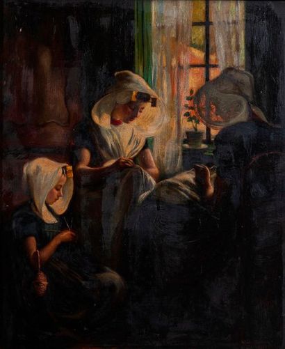Max SILBERT (1871-1930) 

Jeunes hollandes à la couture. 1902.

Huile sur panneau....