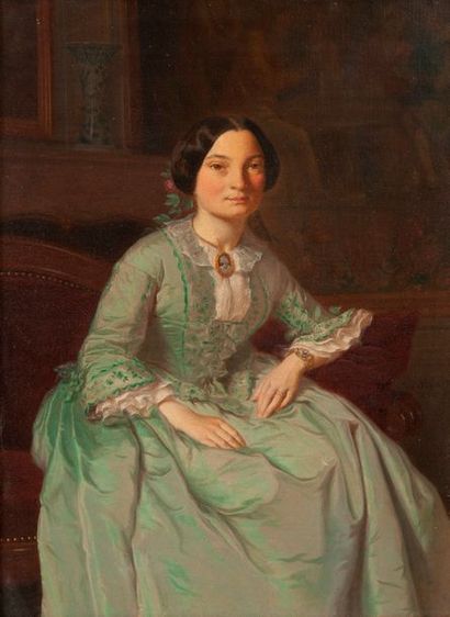 ECOLE FRANCAISE DE LA SECONDE MOITIE DU XIXème siècle 

Portrait d'élégante assise.

Huile...