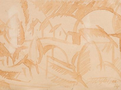 Attribué à Albert GLEIZES (1881-1953) 

Composition au paysage, 1914.

Encre et lavis...
