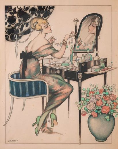 Léo FONTAN (1884-1965) 

Élégante à sa toilette.

Aquarelle et gouache sur papier.

Signée...