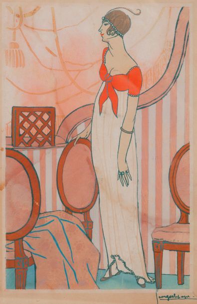 Georges LEPAPE (1887-1971) 

Jeune femme dans un intérieur. 

Pochoir sur papier....