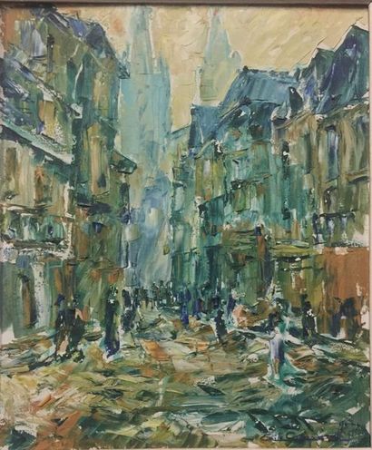 Emile COMPARD (1900-1977) 

Quimper, la rue Kerthéon et la cathédrale, 1941. 

Huile...