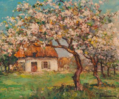 André BERONNEAU (1886-1973) 

Pommiers en fleurs et chaumière. 

Huile sur panneau....
