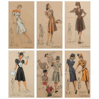 null Croquis Elégants, série robes et tailleurs, vers 1950.

Six dessins à l'aquarelle...