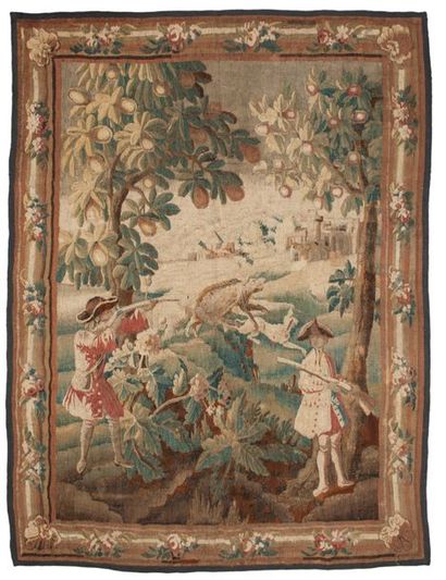 AUBUSSON-XVIIIème siècle - Retour de chasse et fauconnier.
216,5 x 155,5 cm.
- Chasse...