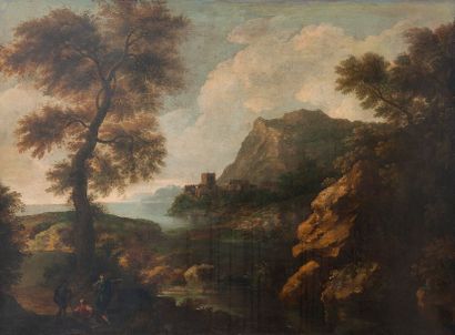 Entourage de Andrea LUCATELLI (1695-1741) Paysage de campagne à la villa fortifiée...