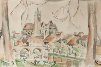 André LHOTE (1885-1962) Moret-sur-Loing, 1927.
Mine de plomb et aquarelle sur papier...