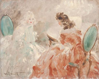 Louis ICART (1888-1950) La conversation.
Huile sur isorel.
Signée en bas à gauche...