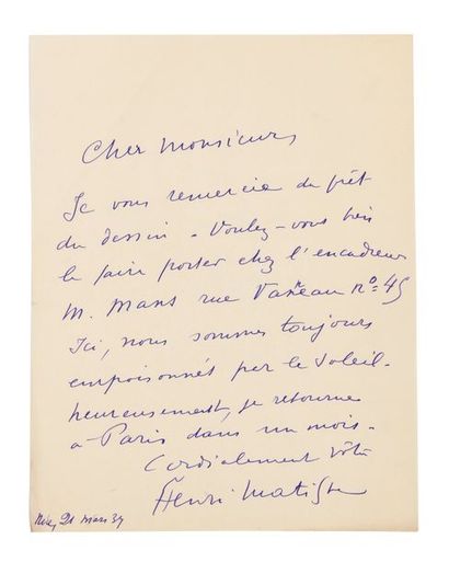 Henri MATISSE (1869-1954) Lettre autographe signée et datée du 21 mars 1937.
1 page,...
