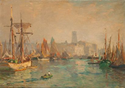 Edmond Marie PETITJEAN (1844-1925) Voiliers au port, circa 1910.
Huile sur toile.
Signée...