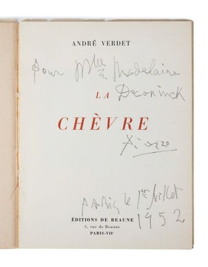 [PABLO PICASSO] VERDET, André La chèvre.
Paris, Editions de Beaune, 1952.
Plaquette...