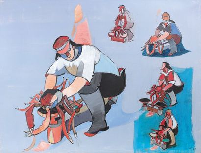 Jean HÉLION (1904-1987) Pêcheurs d'araignées, 1975.
Acrylique sur toile.
Signée de...