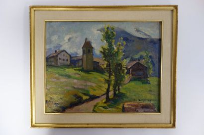Ric BERGER (1894-1994) 

Village des alpes, Suisse, 1927.

Huile sur panneau.

Signée...