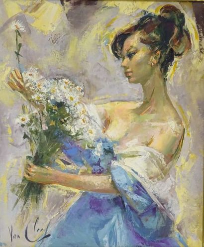 Robert VAN CLEEF (1914- ?) 

Jeune fille au bouquet. 

Huile sur toile. 

Signée...