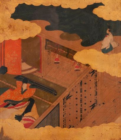 JAPON - XIXème siècle 

Vue dans l'intérieur d'une habitation, animée de personnages...