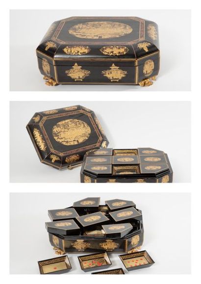 CHINE, Canton pour l'Angleterre, fin du XIXème siècle 

Grande boîte à jeux à angles...