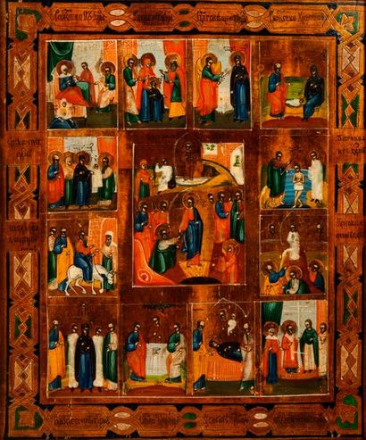 RUSSIE, Début du XXème siècle 

Icone religieuse représentant 7 scènes de la vie...