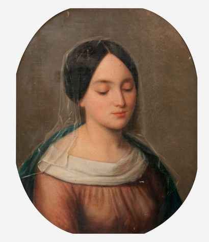 Ecole du XIXème siècle 

Portrait de jeune femme, les yeux baissés (la Vierge ?).

Huile...