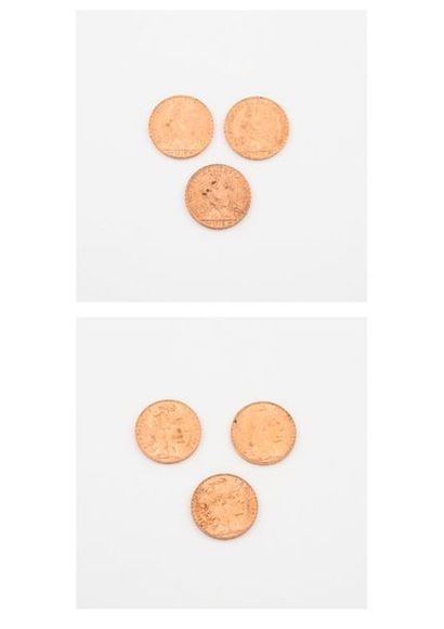 null FRANCE 
Lot de trois pièces de 20 Francs or, IIIème république, 1907, 1913 (x2). 
Poids...