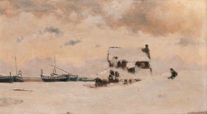 Francis TATTEGRAIN (1852-1915) 

Enfant glissant sur la neige près d'un port.

Huile...