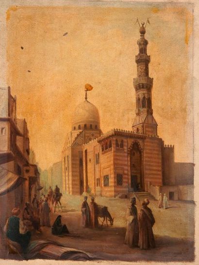 Ecole orientaliste du début du XXème siècle 

Place animée devant une mosquée.

Huile...