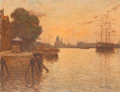 Paul BELLANGER-ADHEMAR (1868-1948) 
Péniches et voilier amarrés dans un port flamand,...