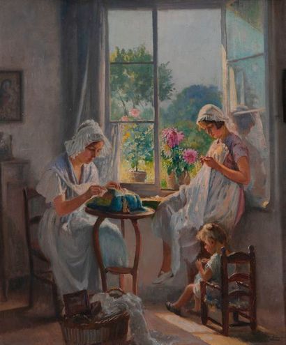 Max SILBERT (1871-1930) 

Dentellière et couturière, avec petite fille, assises devant...