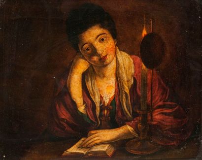 Ecole du XIXème siècle 

Femme lisant à la chandelle.

Gravure colorée sous verre.

25,4...