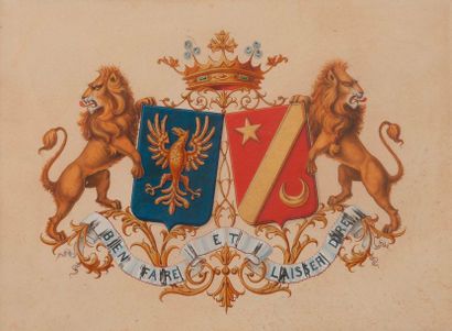 null Armoiries d'alliance sous couronne de marquis, encadrées de deux lions héraldiques,...